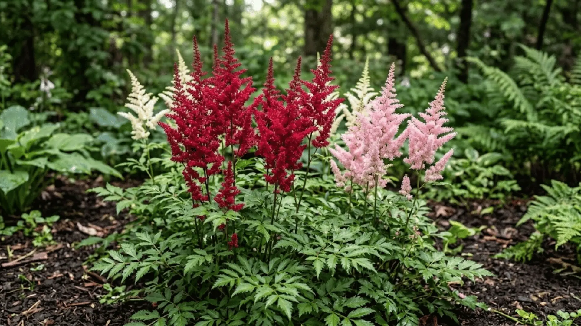 Astilbe flower plumes above fern-like leaves