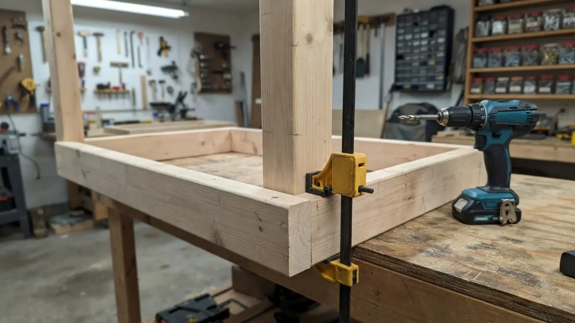 Wooden workbench leg secured to the frame with a bar clamp next to a cordless drill.