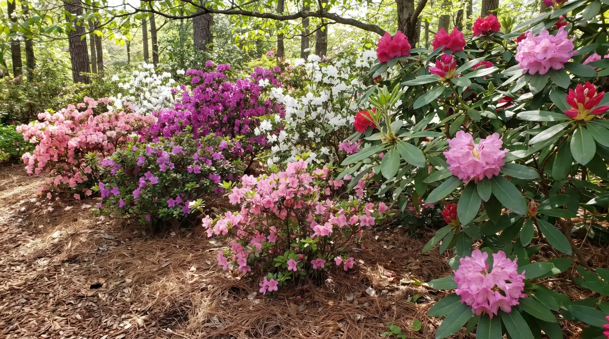 Flowering evergreen azaleas and rhododendrons growing in a partly shaded mulched bed.