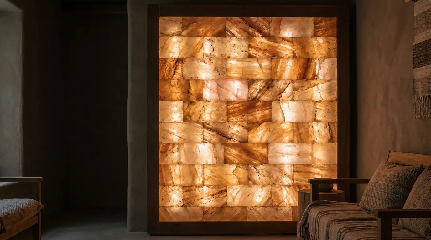 Illuminated salt brick wall with warm glow in rustic room setting with wooden bench