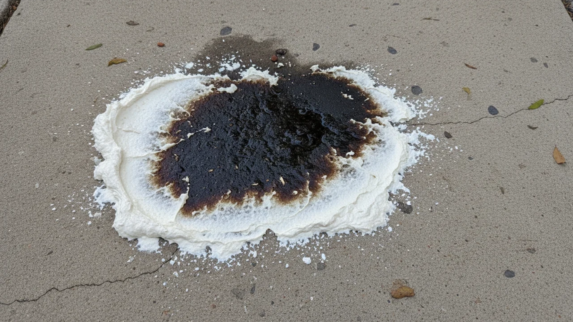 White thick cleaning paste applied directly over a dark oil stain on concrete