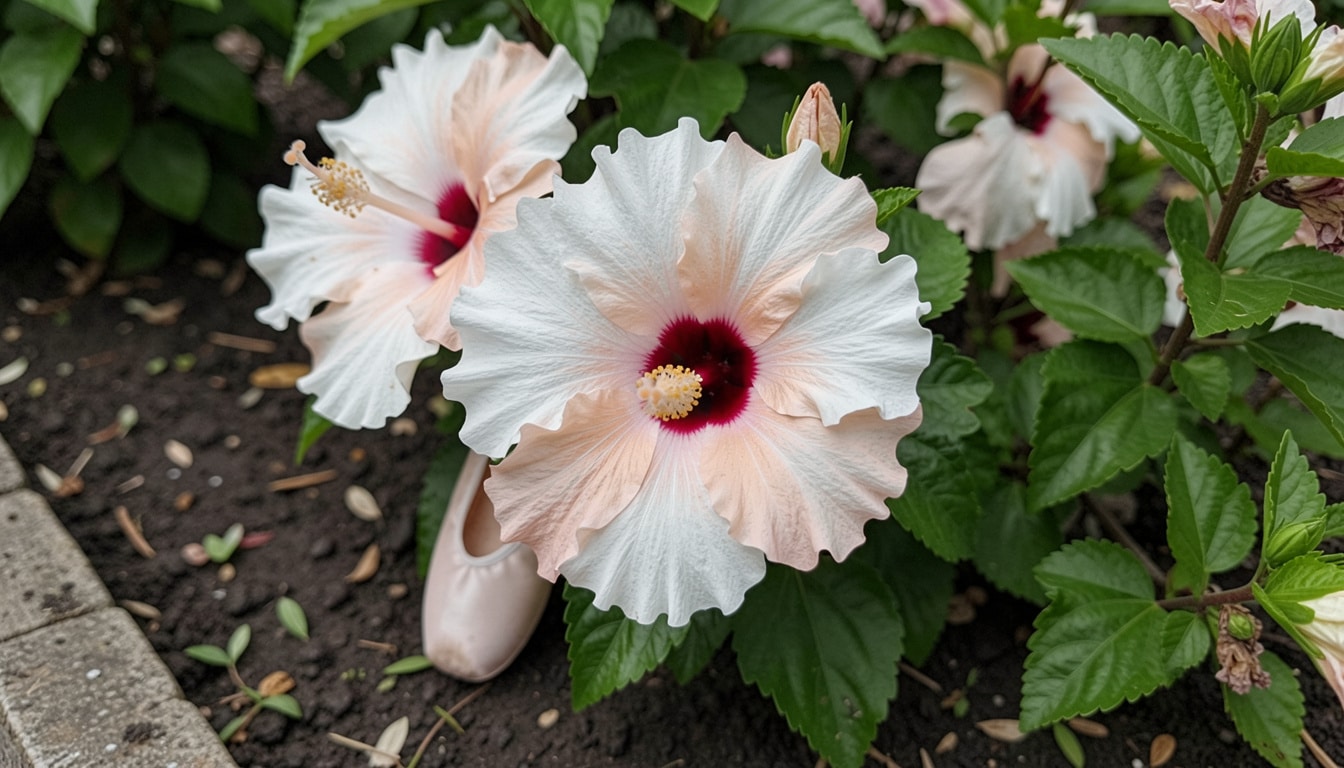 Ballet Slippers hibiscus with blush ruffled flowers and red eye