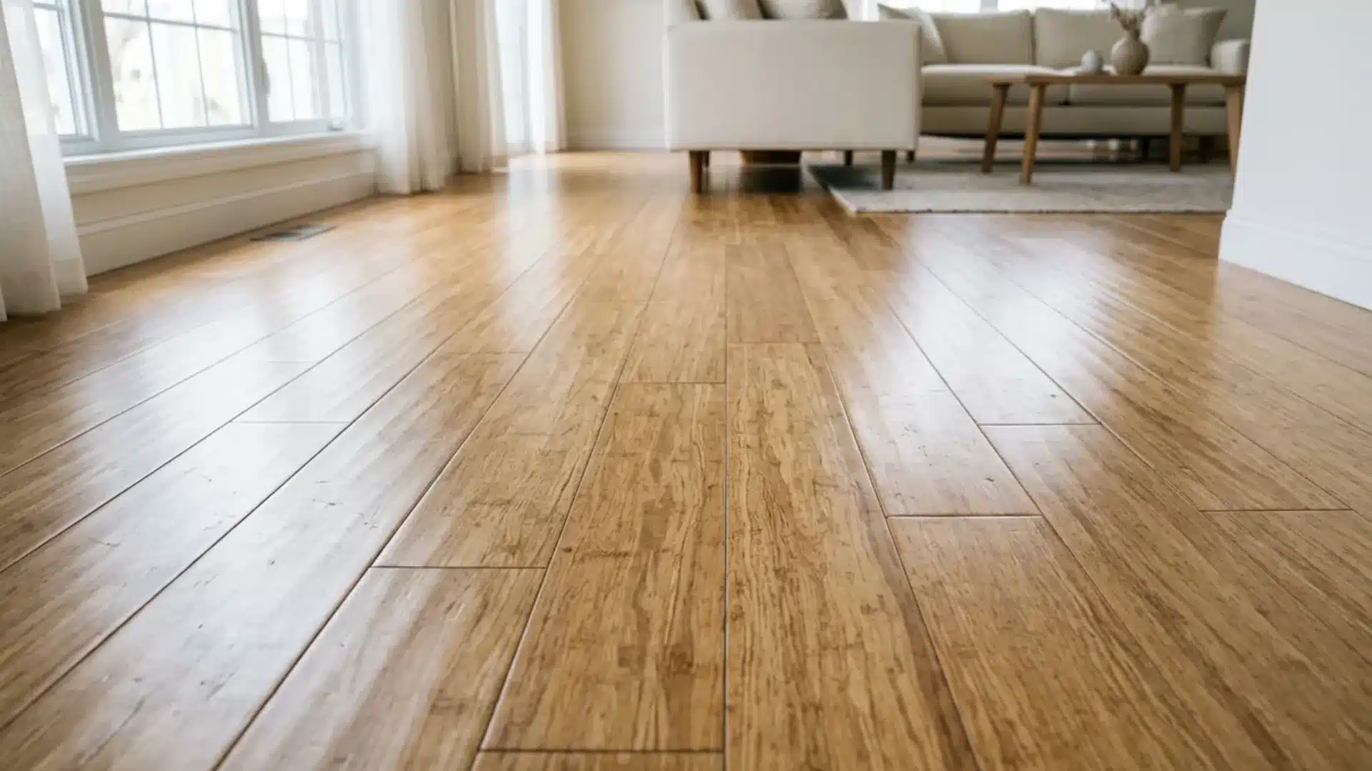 strand woven bamboo flooring planks installed across an open living area with natural light
