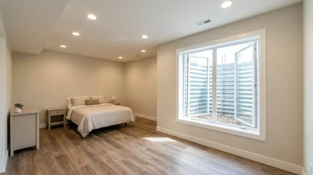 Basement Bedroom Egress Window: Complete Guide Finished basement bedroom with a code-compliant egress window and exterior window well