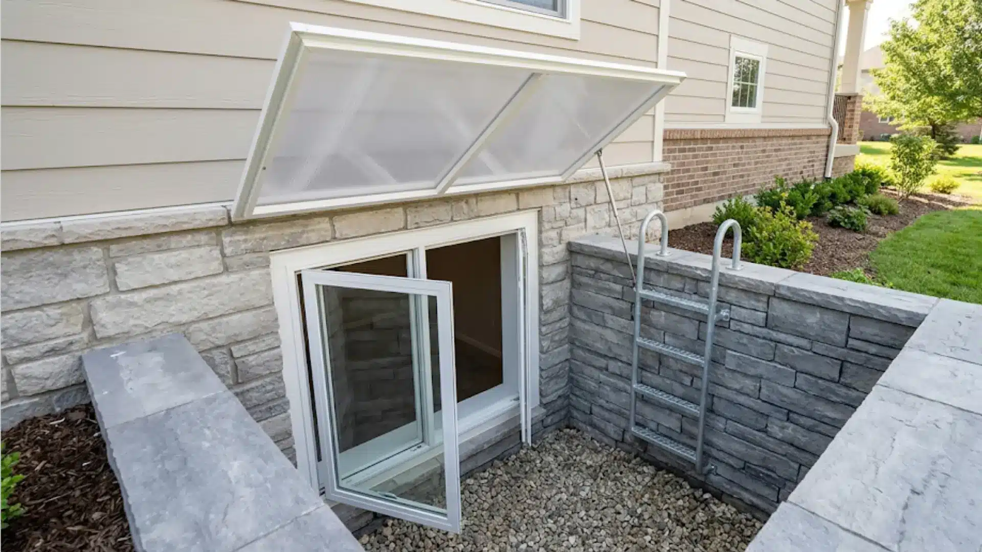 exterior view of a basement egress window well with open glass windows, stacked stone walls, a metal ladder, gravel bed, and a raised clear cover