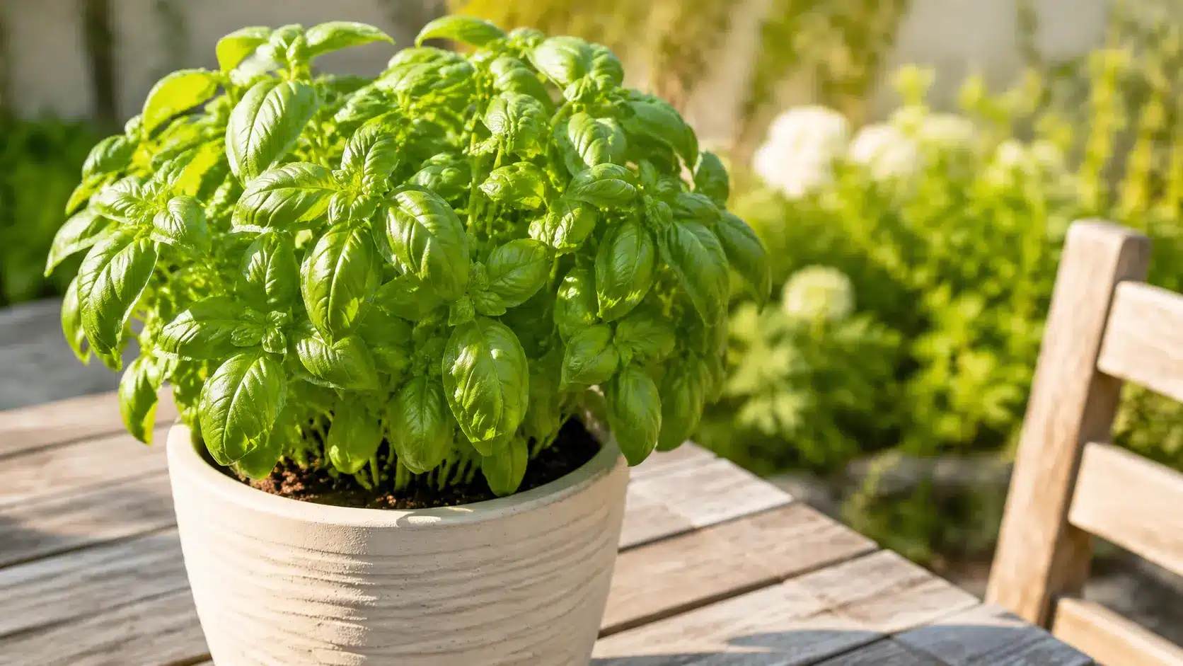 Healthy basil plant growing in a container beside an outdoor table.