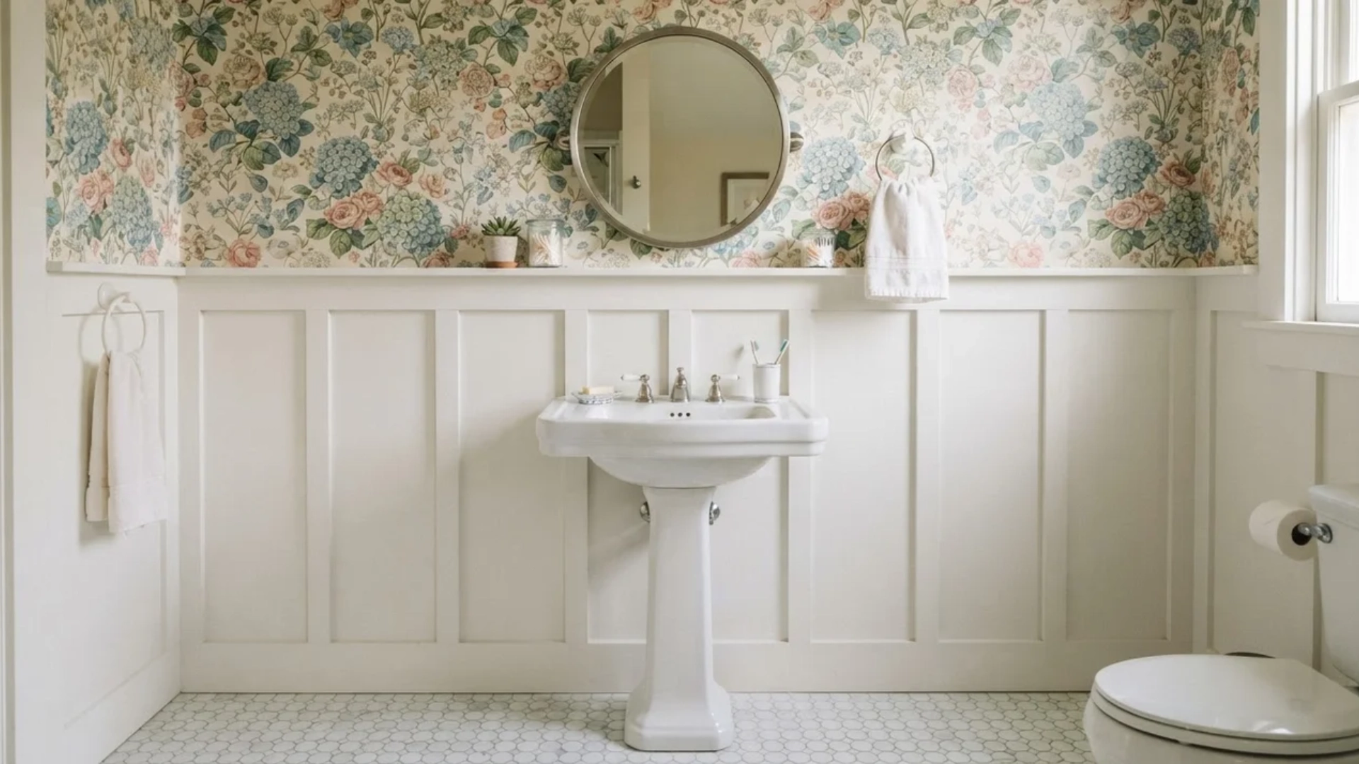 Bathroom with white half-wall board-and-batten paneling underneath colorful floral wallpaper and pedestal sink.