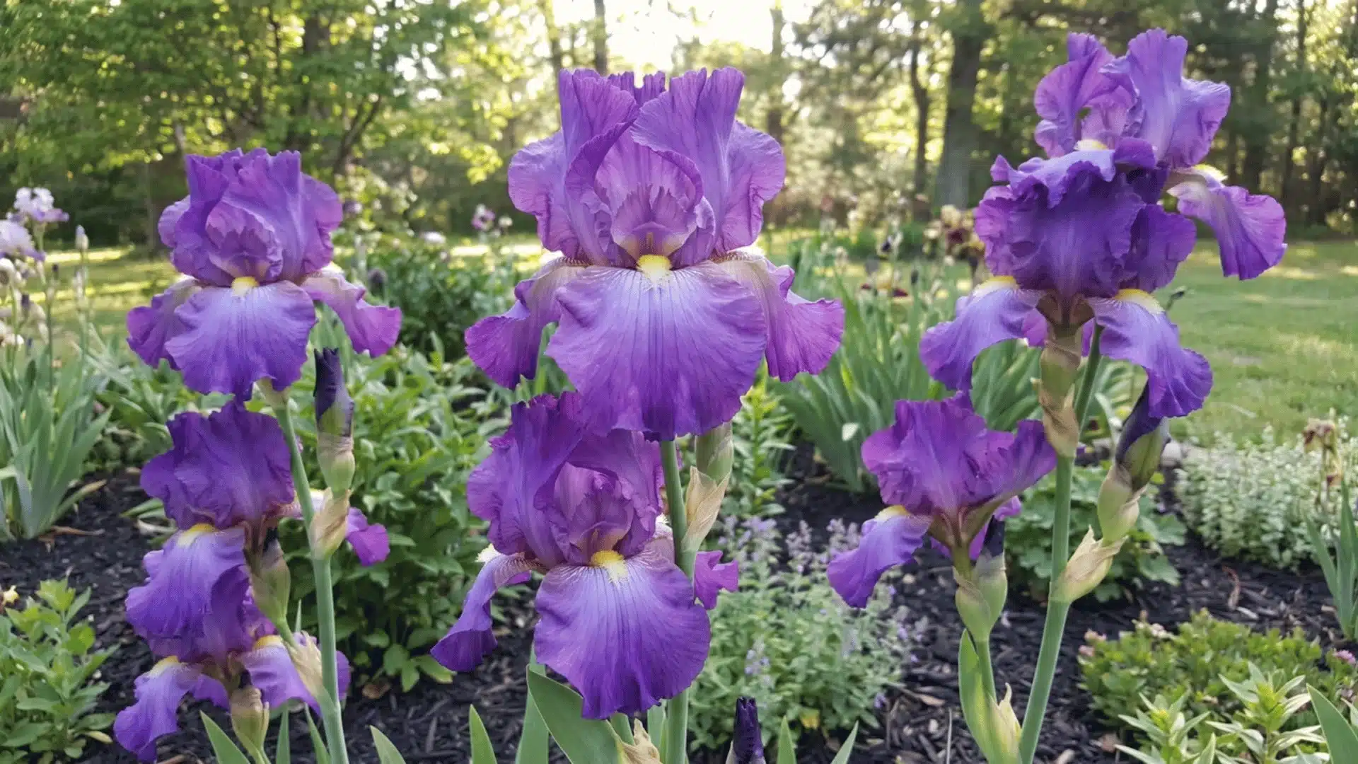 Bearded Iris flowers with ruffled petals and yellow centers