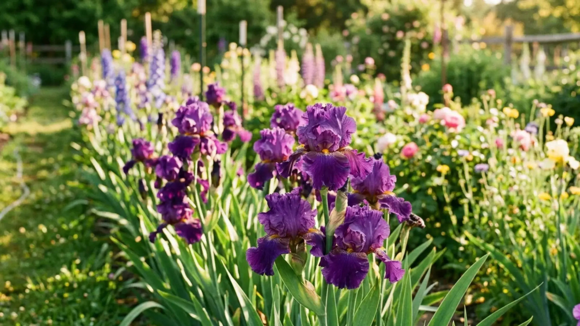 Purple bearded iris blooms with ruffled petals in a garden row