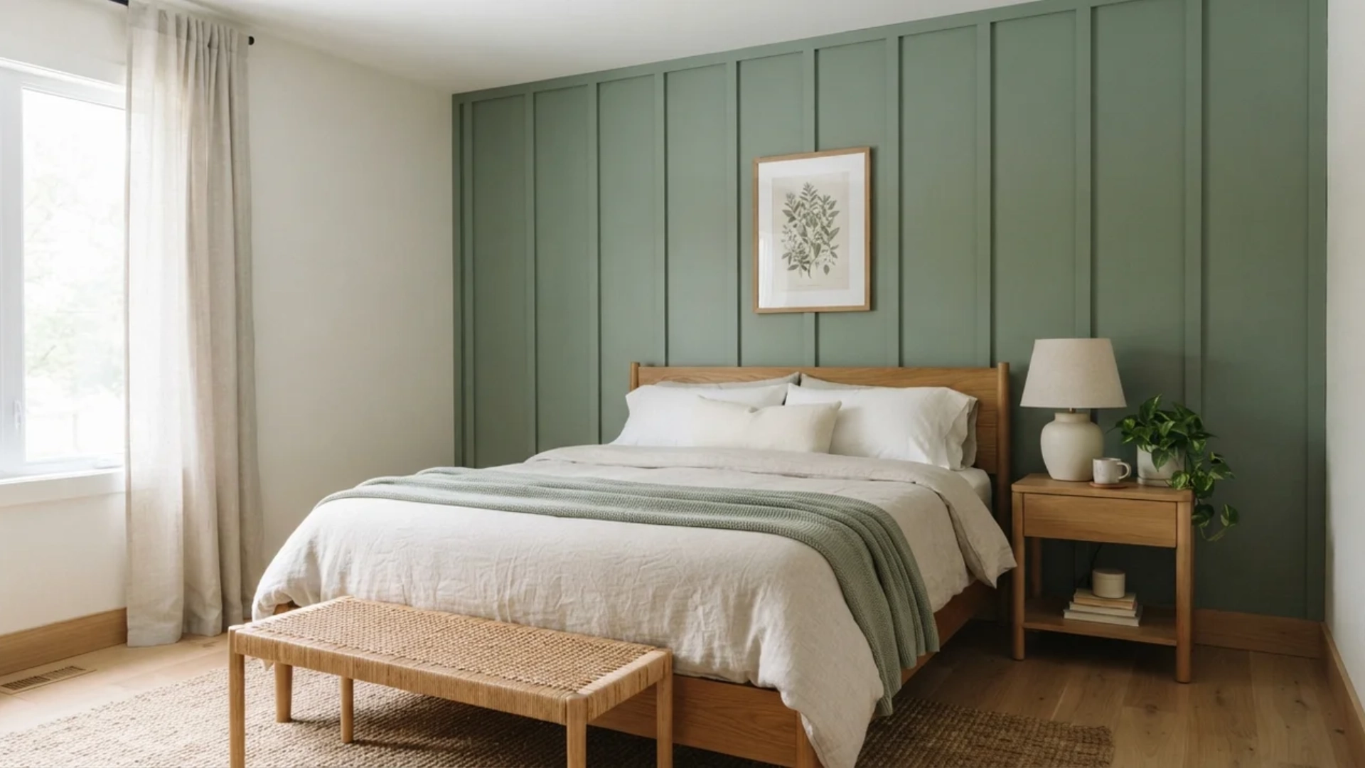 Sage green board-and-batten feature wall acting as a backdrop for a light wooden bed.