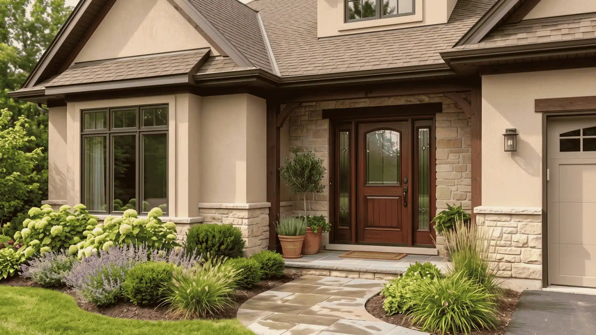 Front door color complementing beige home exterior.