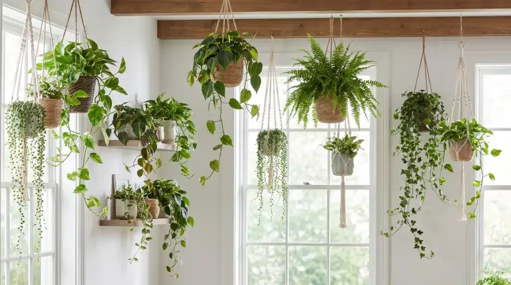 15 Best Indoor Hanging Plants for Every Home Indoor room with different hanging plants in baskets, including trailing vines, ferns, and leafy houseplants.