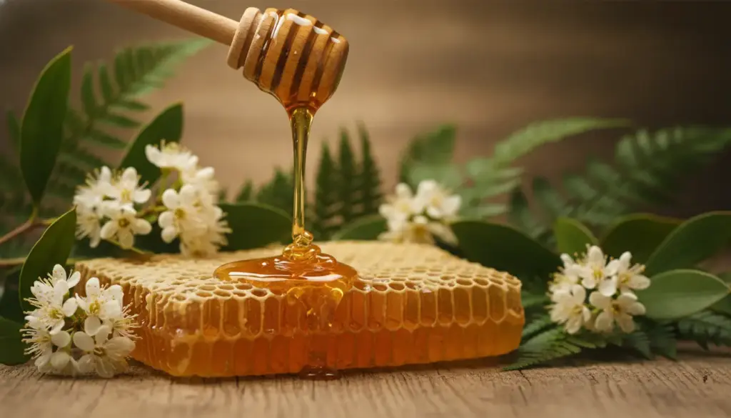 10 Best Manuka Honey Brands Honey dripping from wooden dipper onto honeycomb surrounded by flowers and greenery