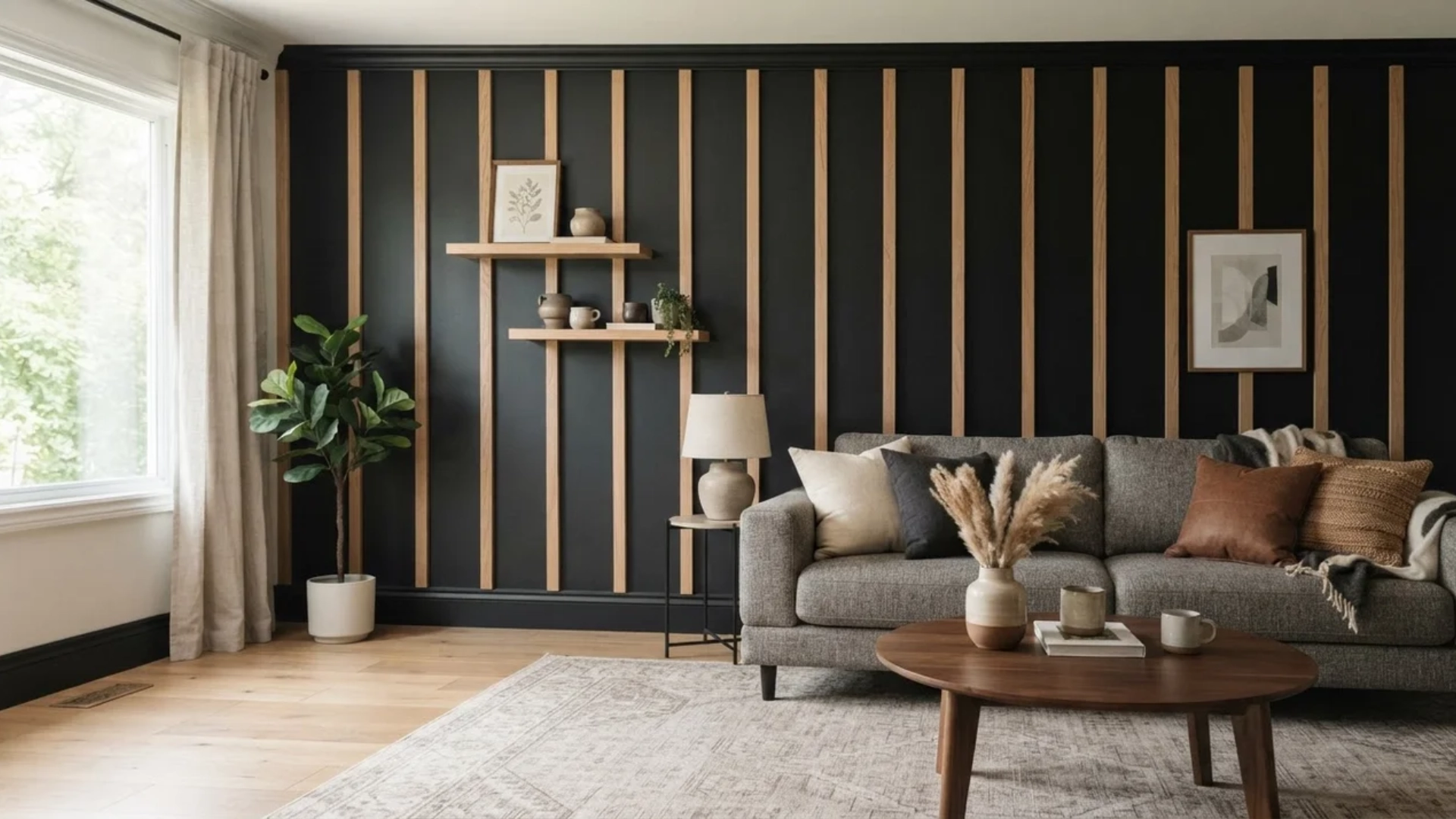 Living room with a modern black wall accented by vertical light natural wood battens