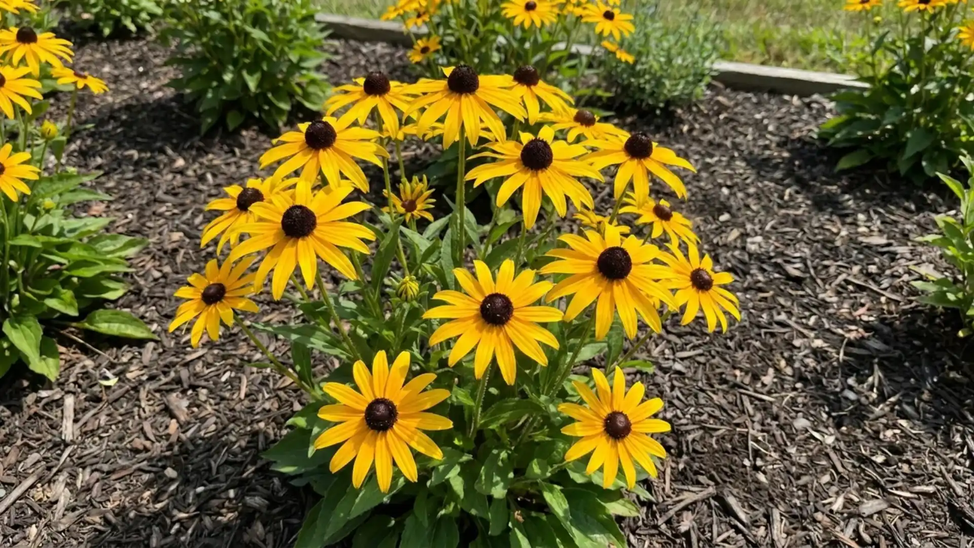 Close up of black eyed susan flowers with yellow petals and dark brown centers outdoors