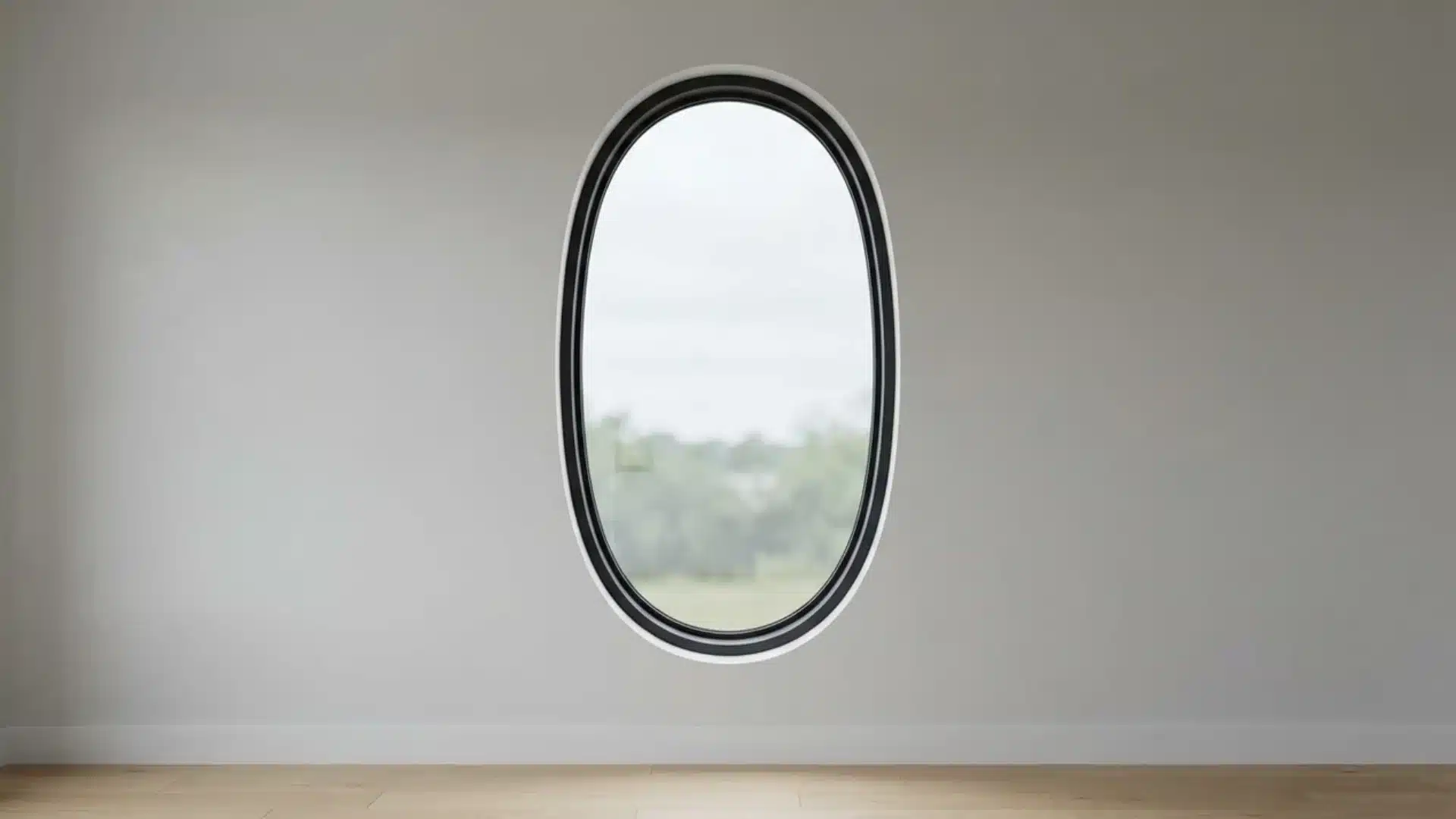 black framed oval window on white wall in modern living room