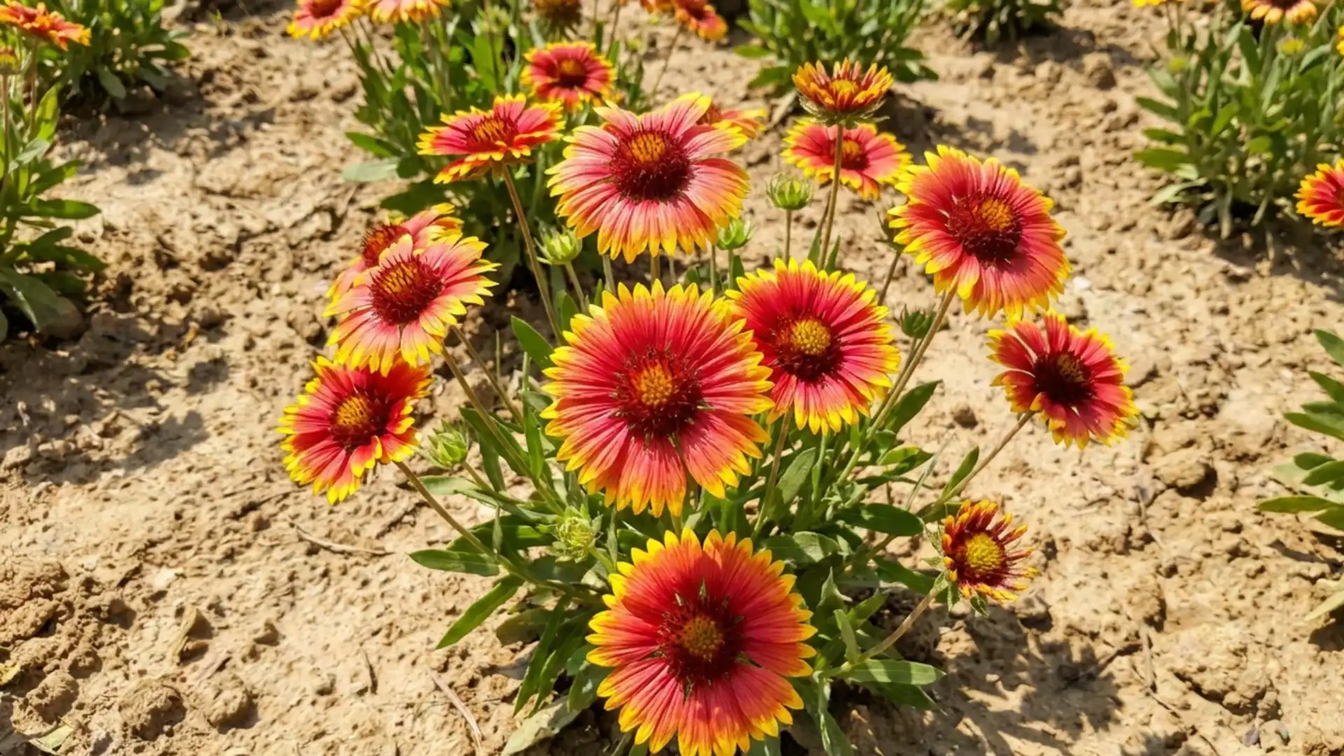 Red and yellow blanket flower blooms with daisy shaped petals in a sunny garden bed