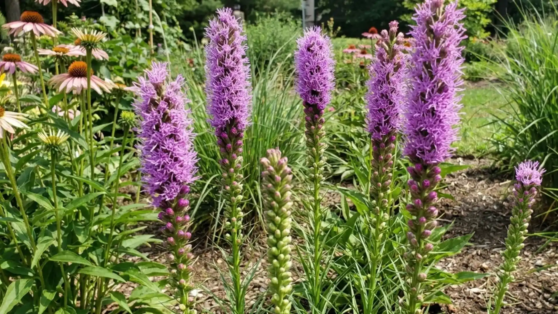 Tall purple blazing star flower spikes blooming from the top downward in a garden