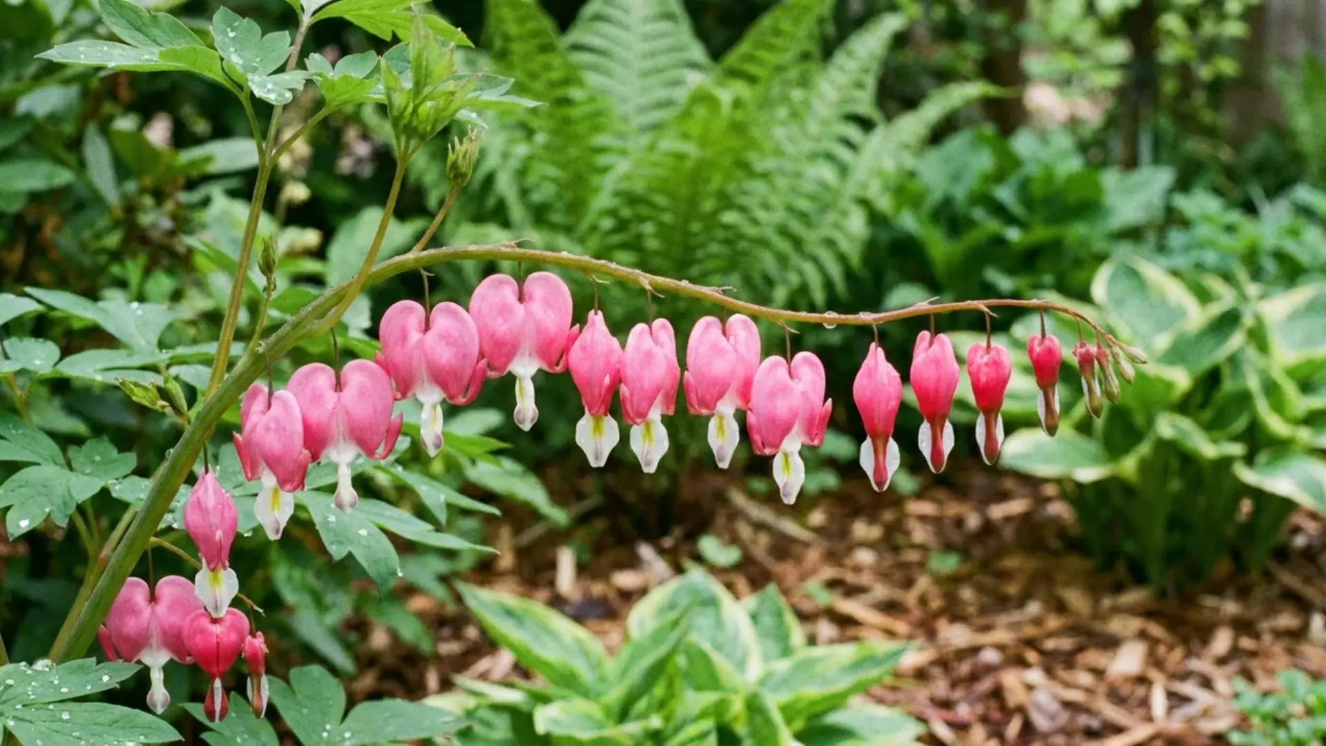 Pink bleeding heart flowers hanging in a row along an arching green stem outdoors