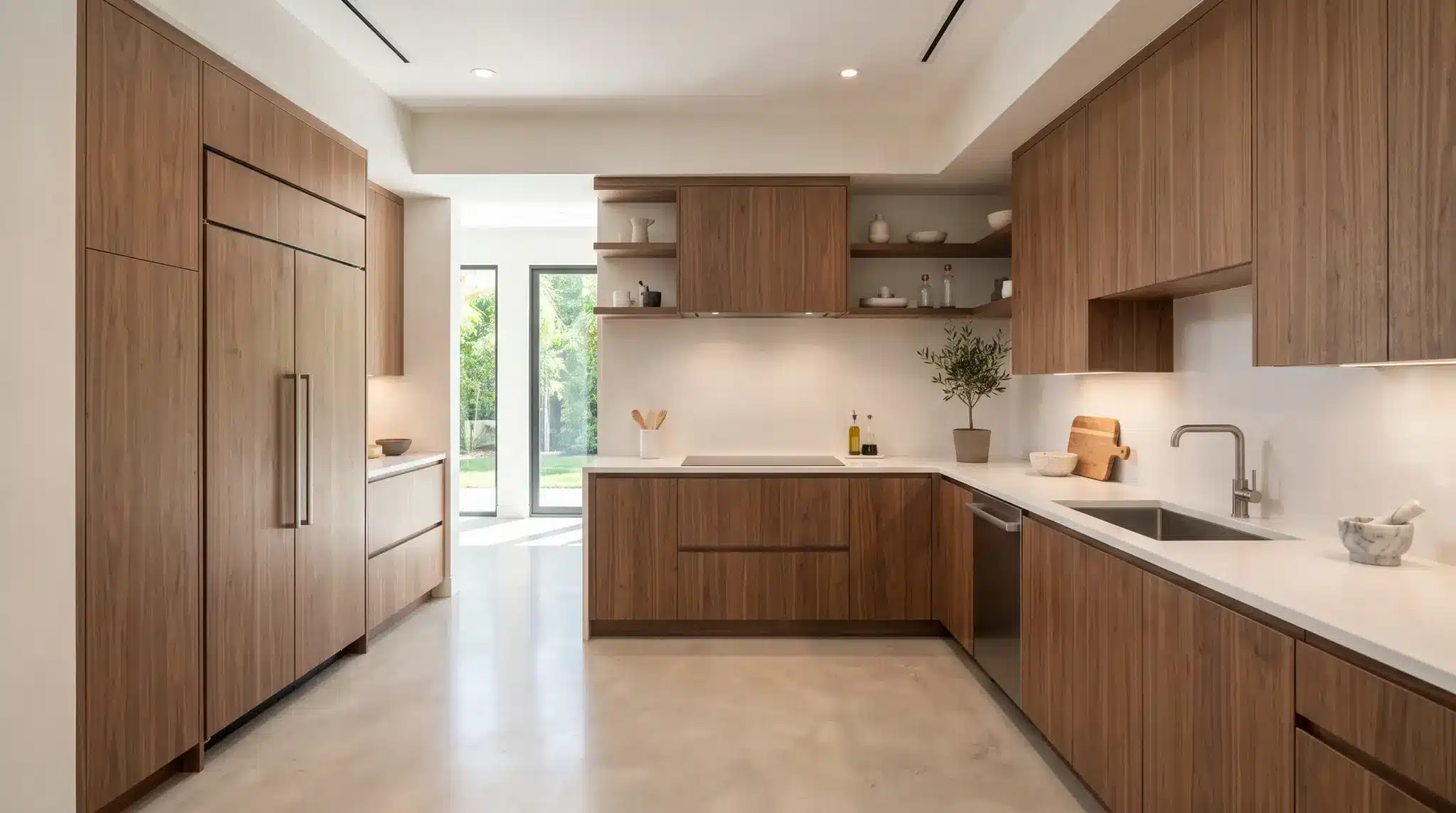 U-shaped kitchen with appliances blended into matching cabinet panels