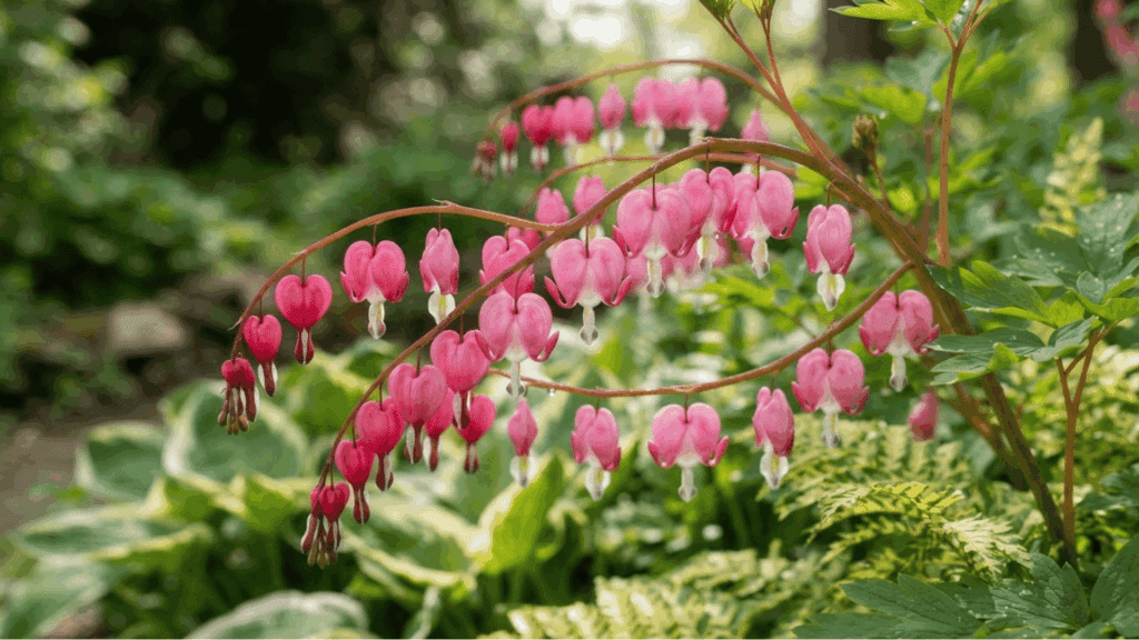 Bleeding Heart Flower: Care, Growing Tips, & Propagation blooming bleeding heart plant displaying rows of pink heart shaped flowers arching above vibrant green garden foliage