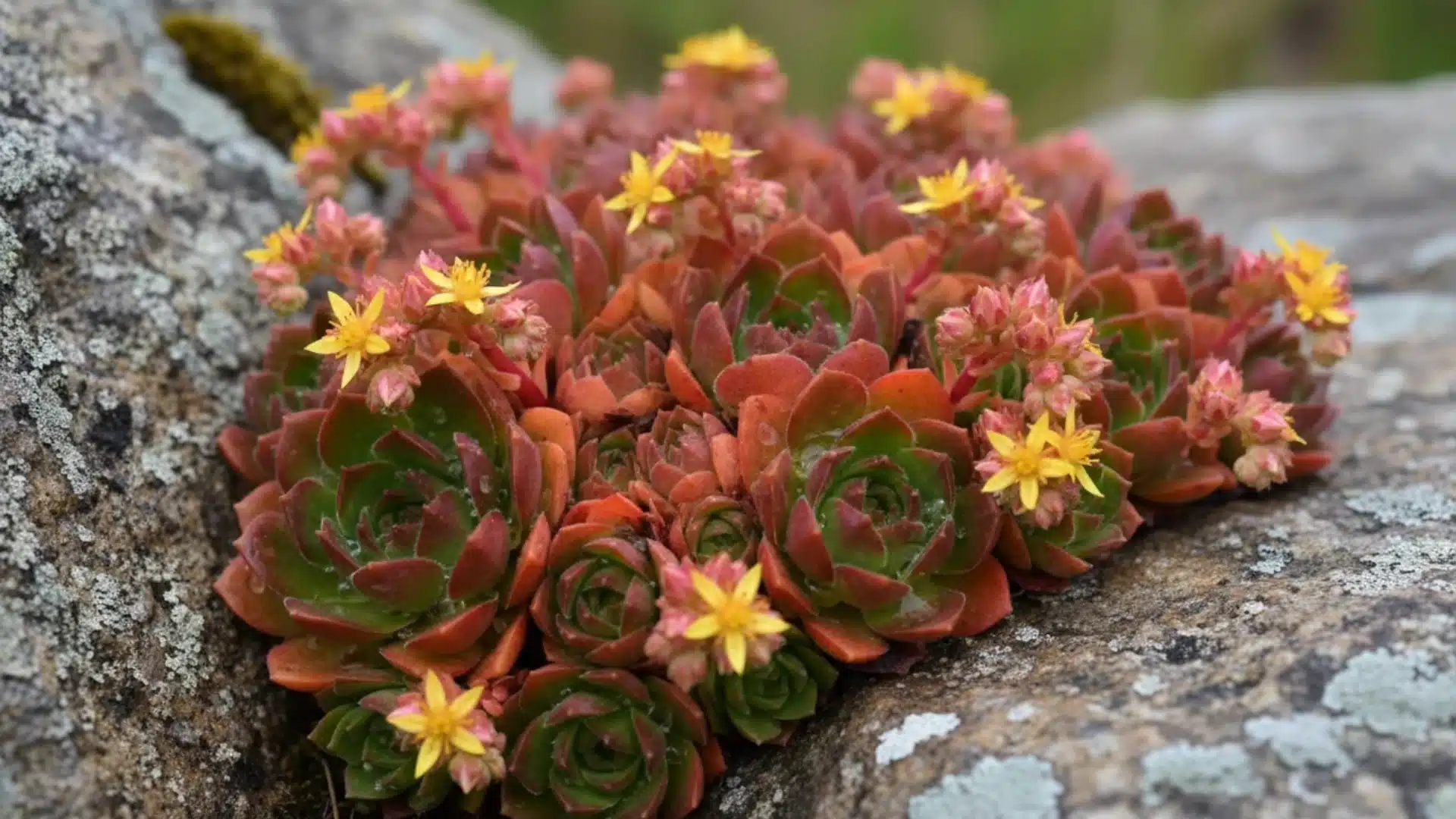 Red and green houseleek succulent with small yellow star-shaped flowers growing on a rock.
