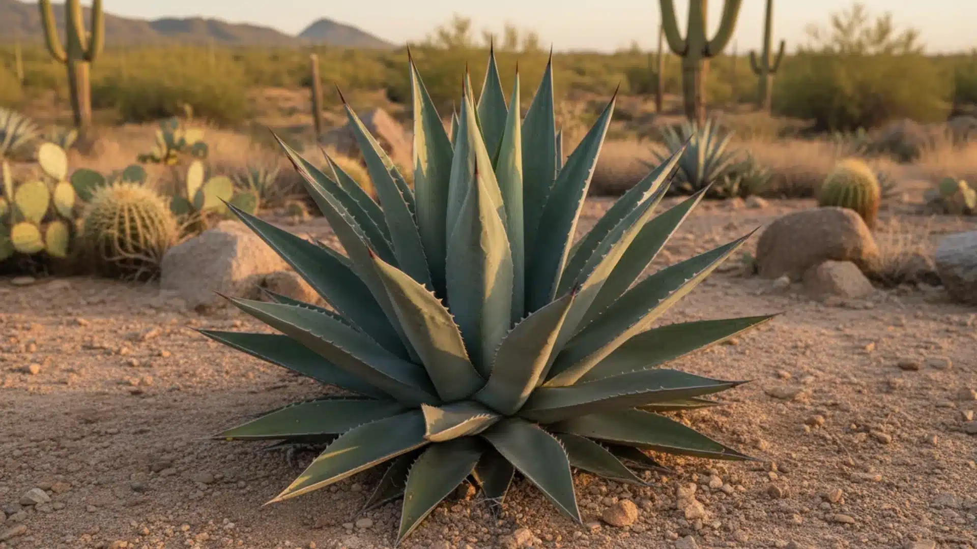 Spiky blue agave succulent plant growing in a sandy desert landscape with cacti backdrop.