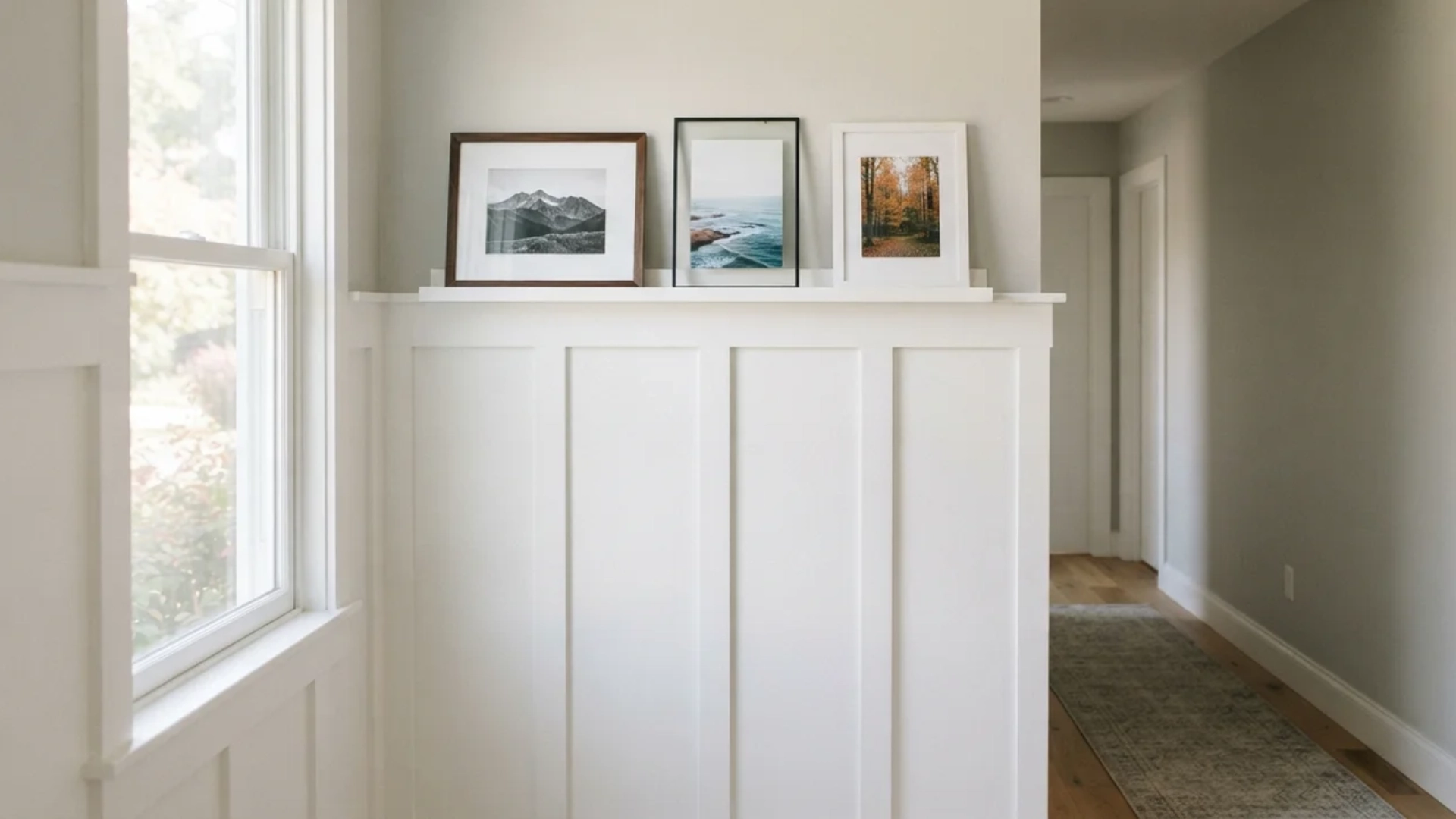 White board-and-batten half wall topped with a picture ledge holding framed art prints