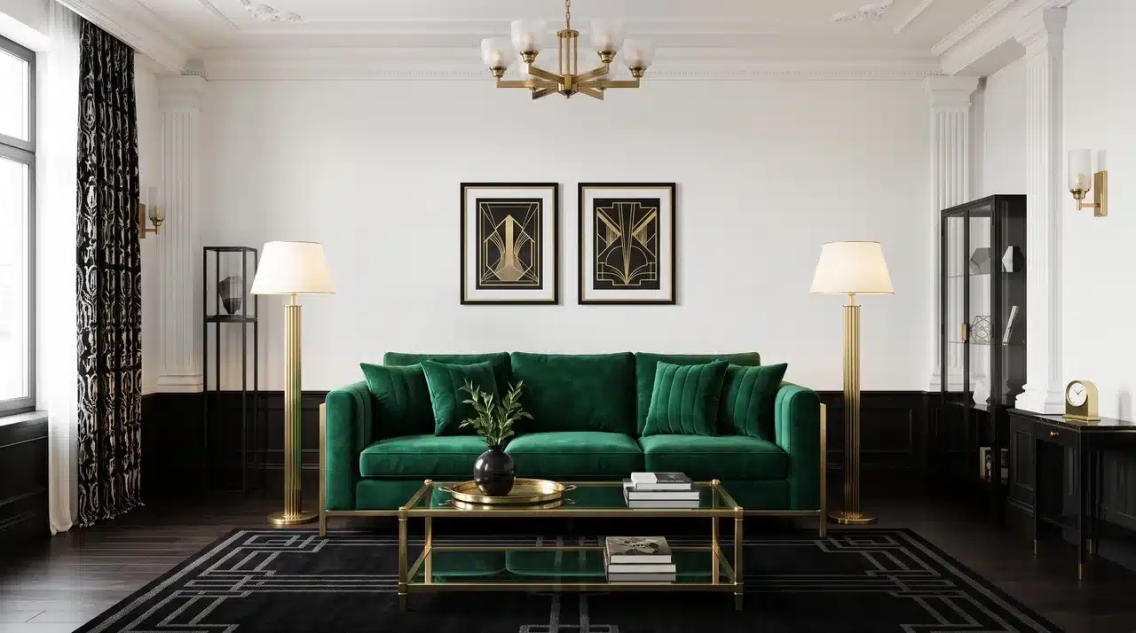 Art Deco sitting room with emerald velvet sofa, black geometric rug, brass coffee table and floor lamps against a crisp white wall