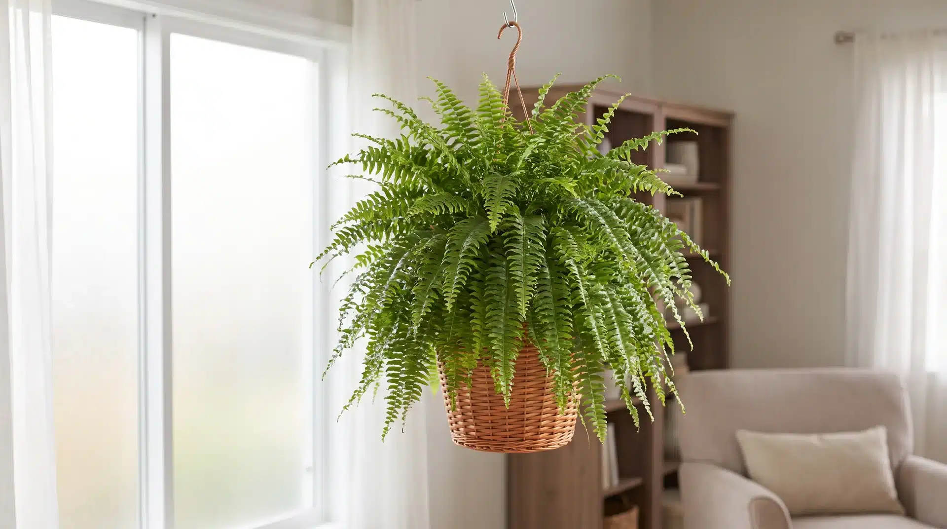 Boston fern with full green fronds flowing over the sides of a hanging pot.