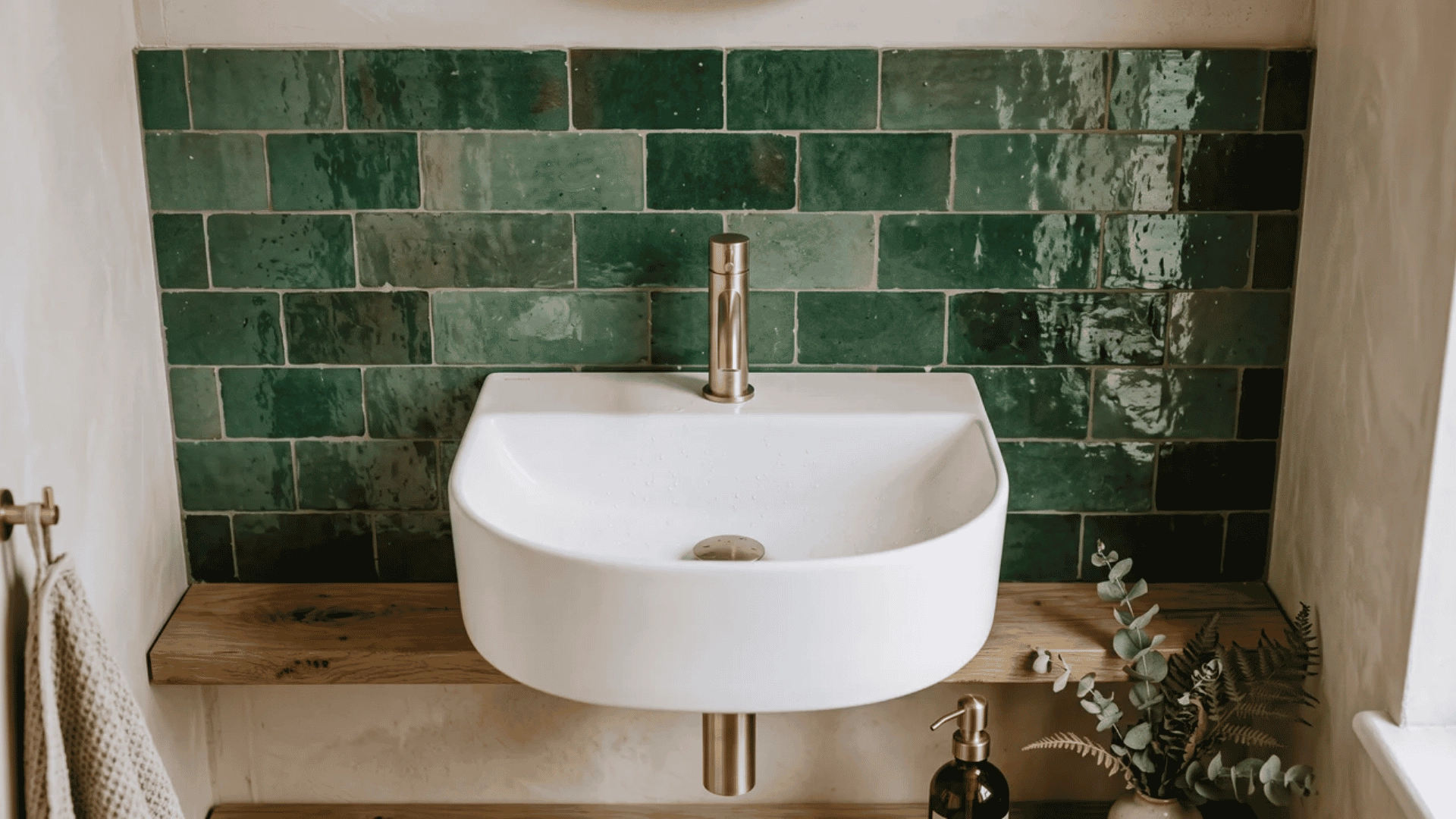 Botanical green zellige splashback behind wall hung basin