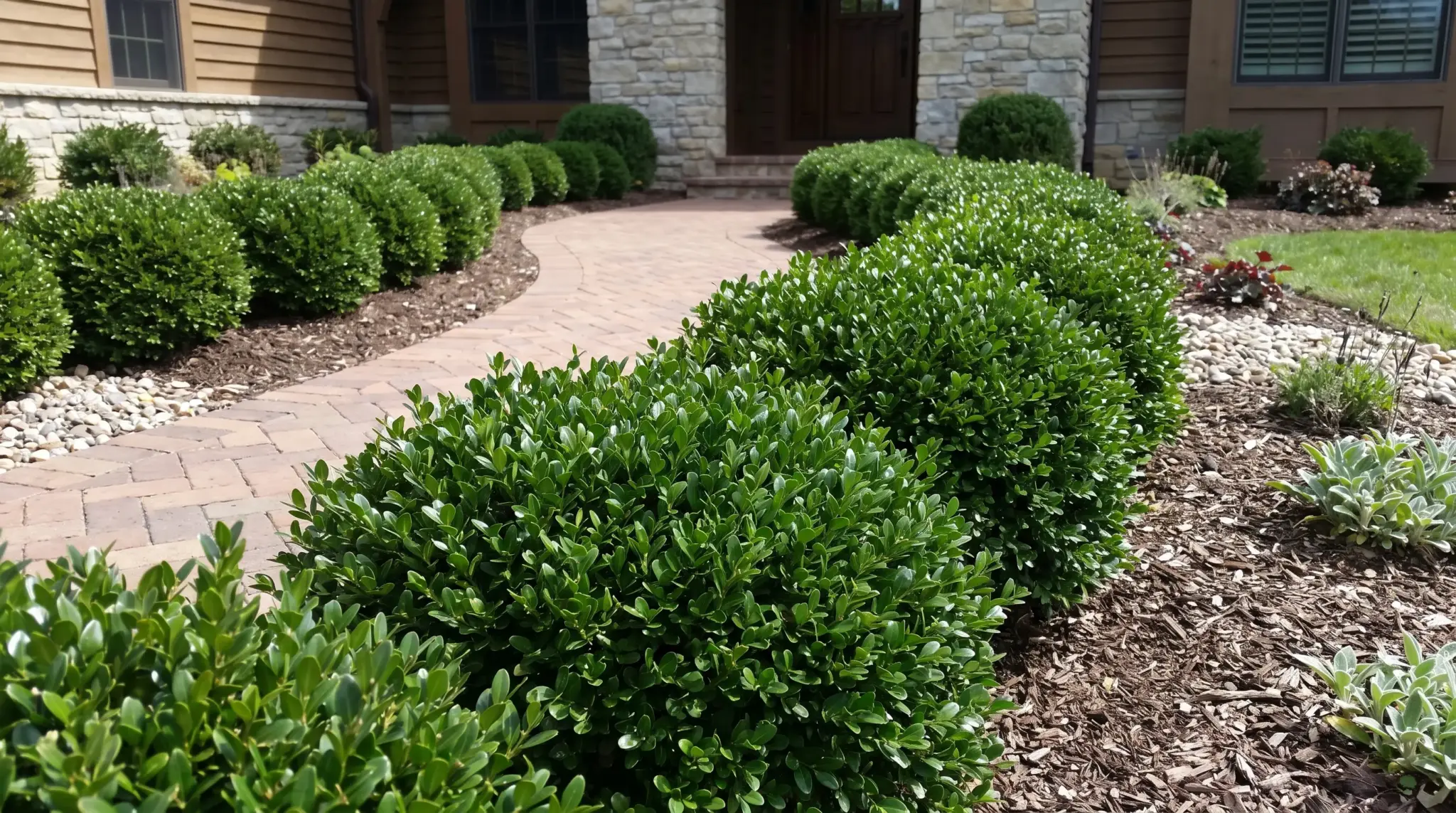 Dense boxwood bushes forming a low border beside a residential walkway.