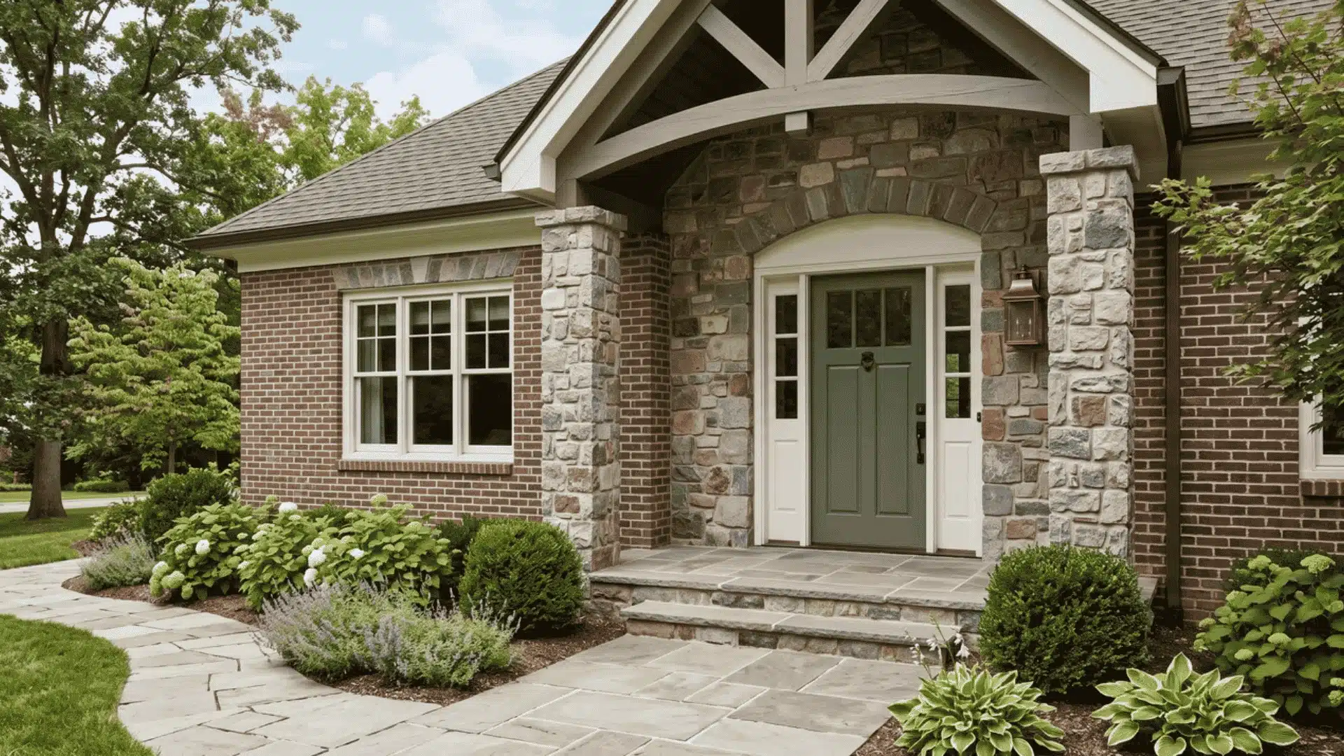 Front door with brick and stone exterior materials.