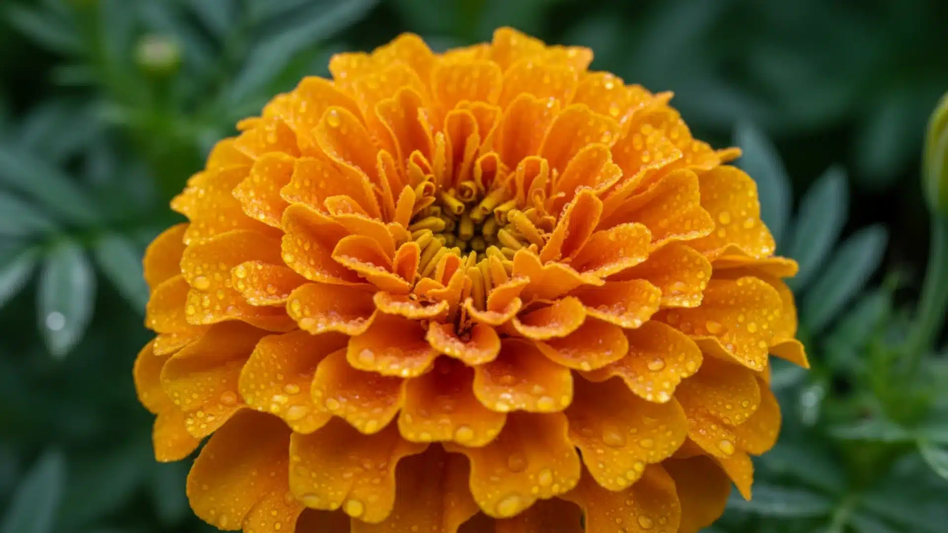 Full orange marigold flower bloom covered in delicate water droplets on green foliage