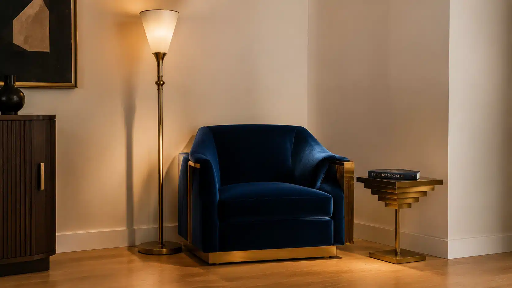 Deep sapphire velvet Art Deco armchair with brass torchiere floor lamp and stepped brass side table