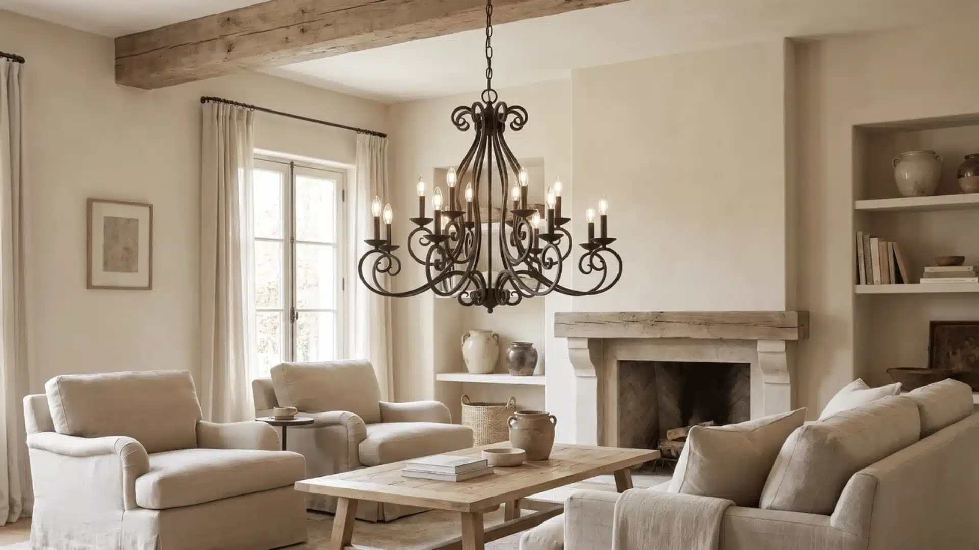Wrought iron chandelier hanging in a French country living room