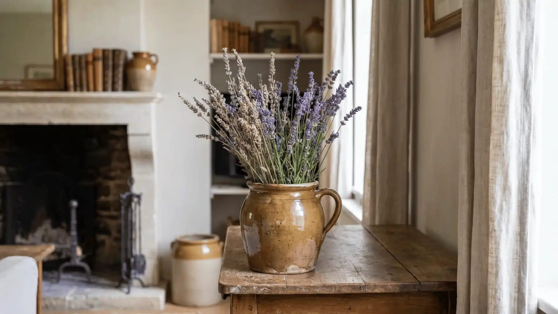 Lavender stems in a ceramic vase in a French country living room