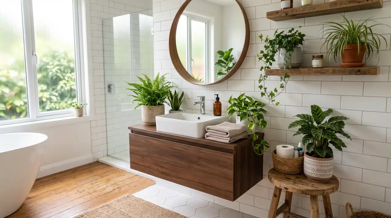 Bathroom decorated with plants and greenery adding natural color and texture.