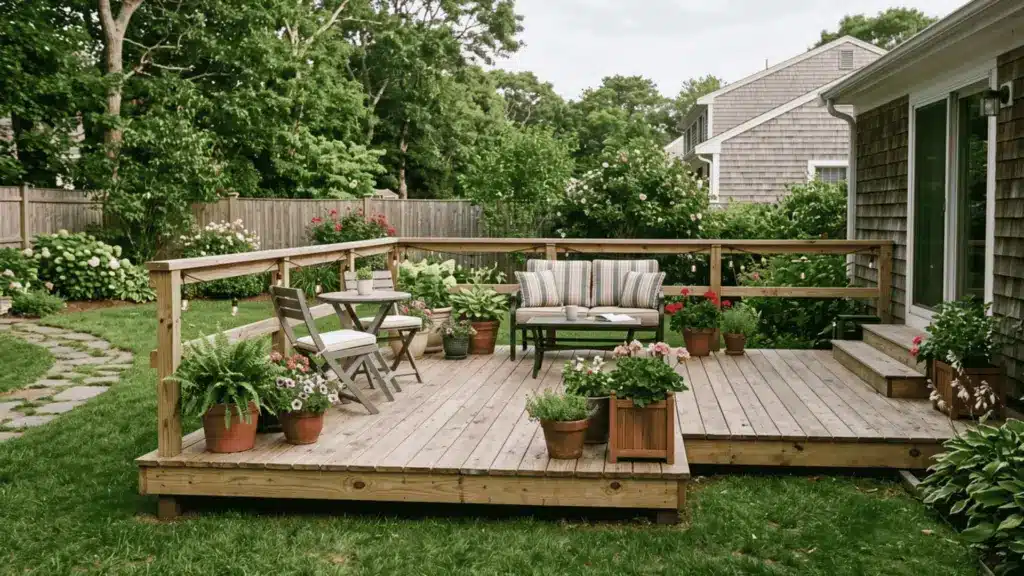 24 Backyard Deck Ideas on a Budget Backyard deck with wooden platform, outdoor seating, planters, and string lights along the railing