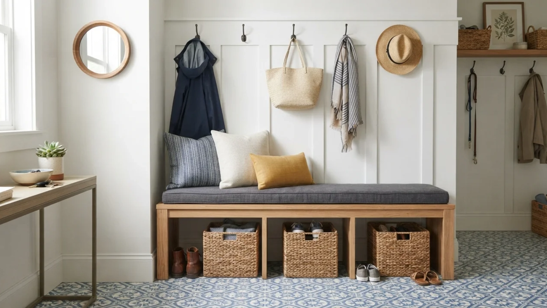 Mudroom entryway with a wooden bench, storage baskets, and hooks over a board-and-batten wall