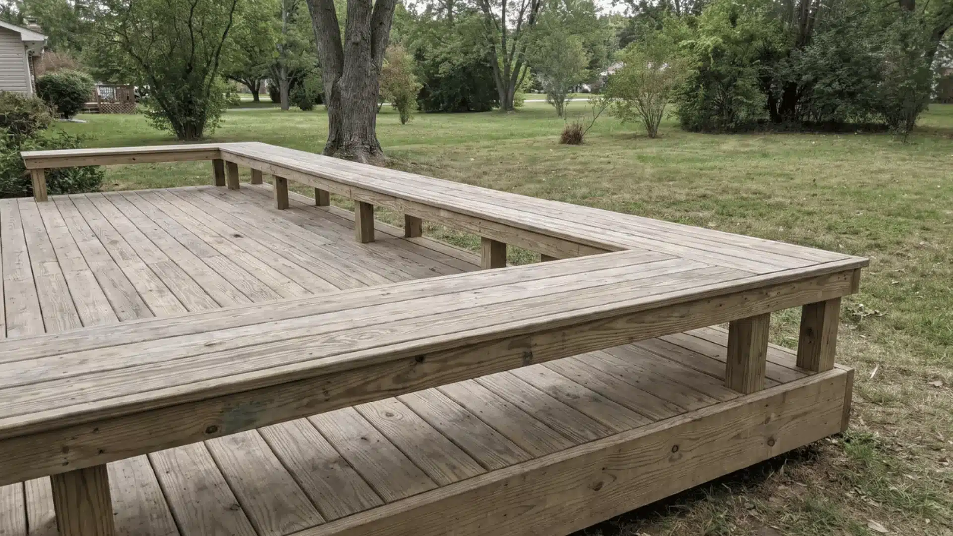 Built-in pressure-treated wood bench framed along the edge of a low backyard deck