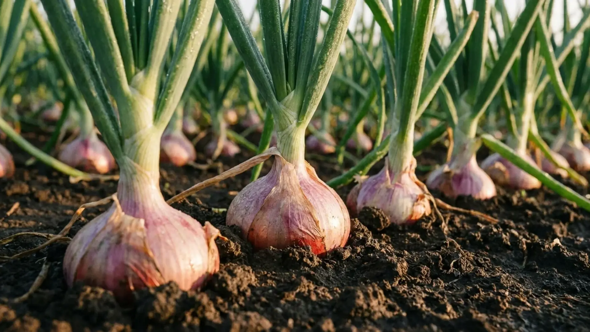 Onion bulbs swelling above the soil beneath green upright leaves