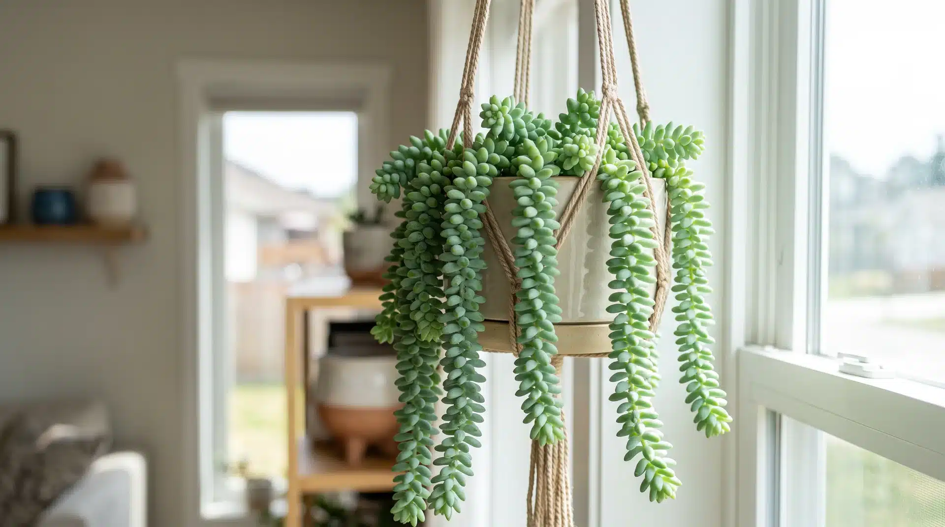 Burro’s tail succulent with rounded leaves on trailing stems in a hanging basket near a sunny window.