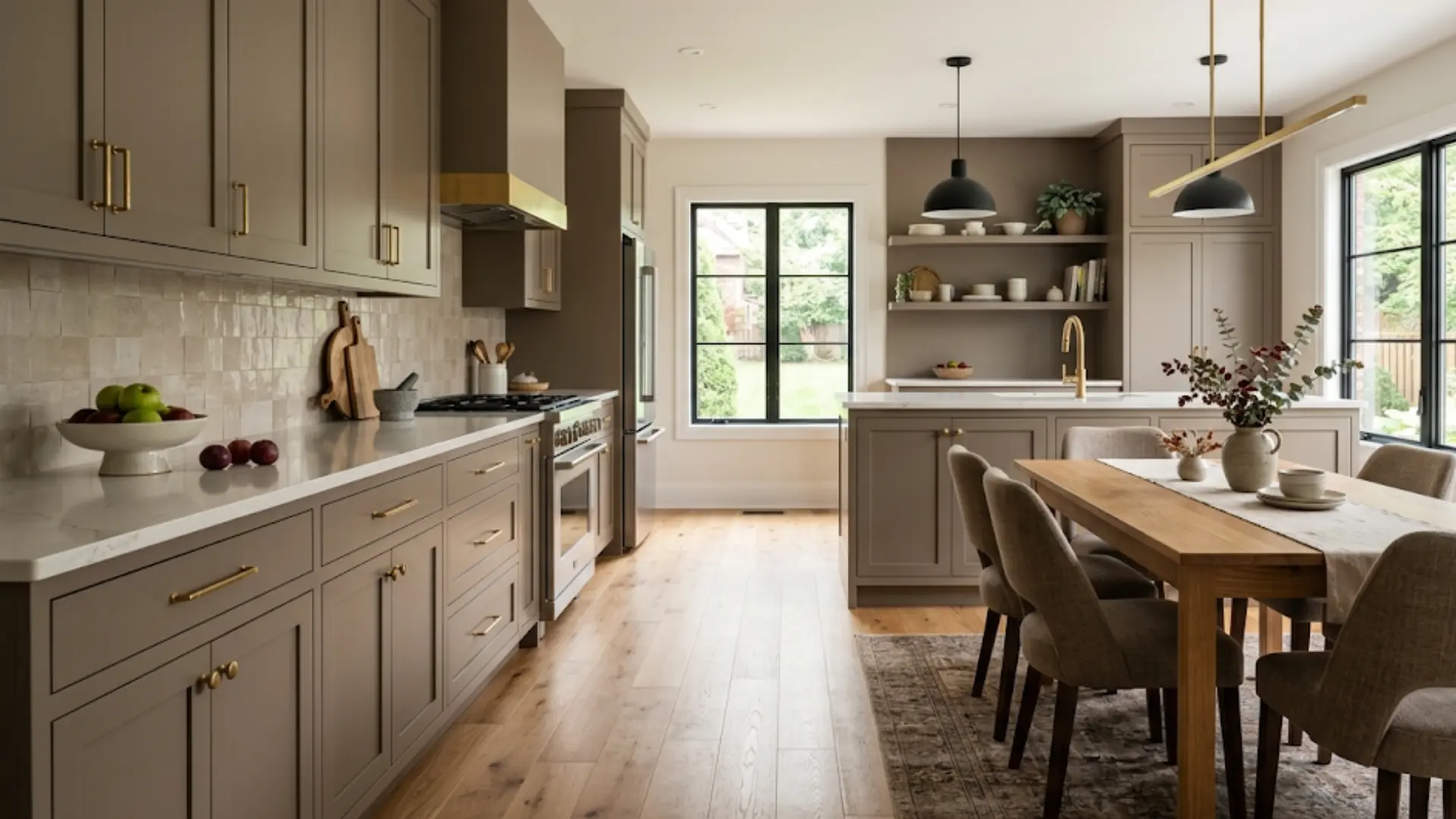 open-plan kitchen and dining area with taupe cabinets, white countertops, wood floors, brass hardware, and a rustic table