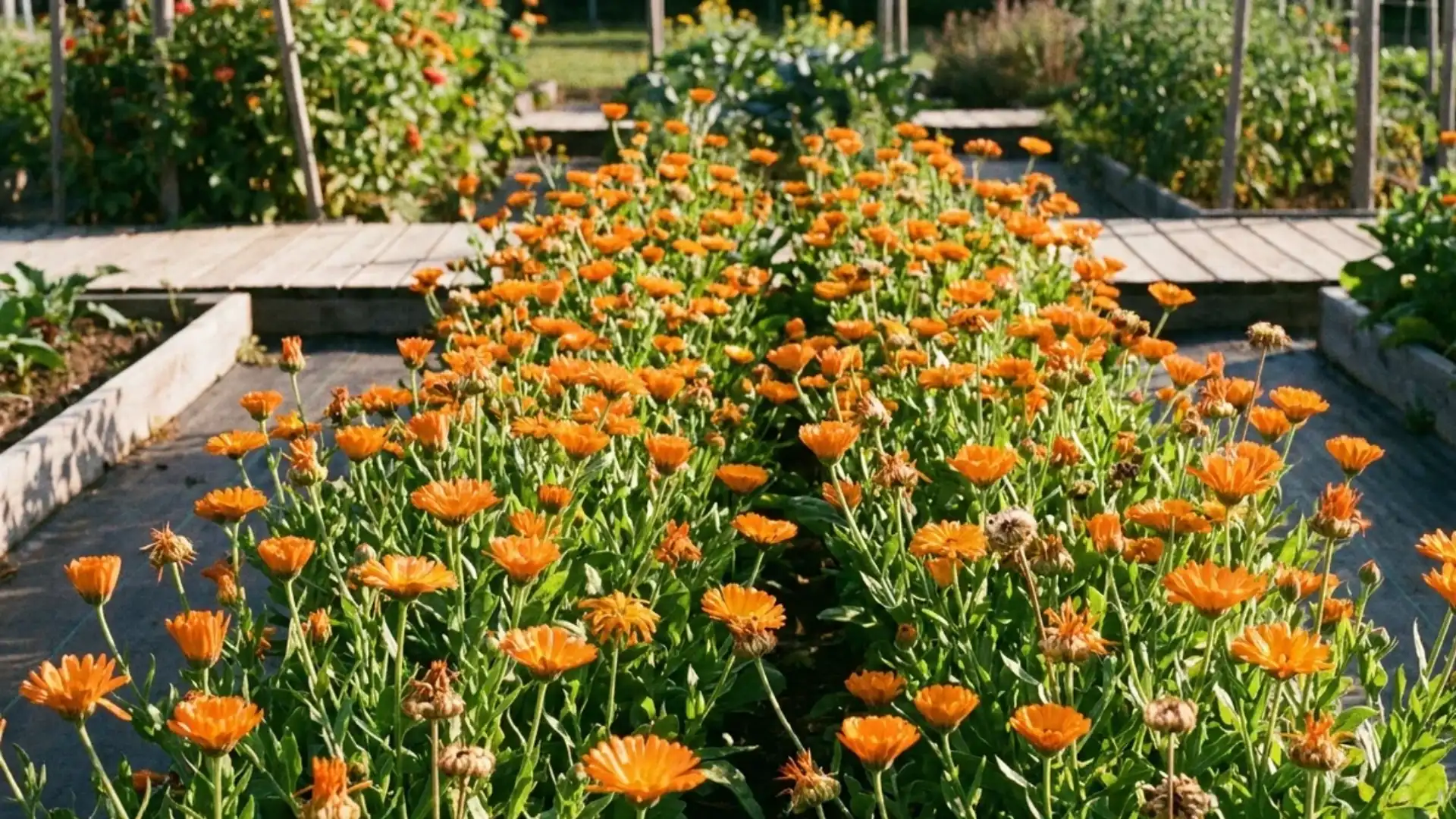 Orange calendula flowers growing in rows in a sunny cutting garden