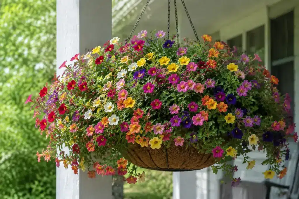 Calibrachoa Plant: How to Grow and Care for Million Bells Flowering calibrachoa plant with colorful blooms trailing from a hanging basket on a sunny porch.