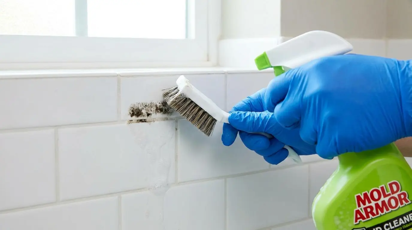 A gloved hand scrubs a mold spot on bathroom tile with a brush and cleaning spray.