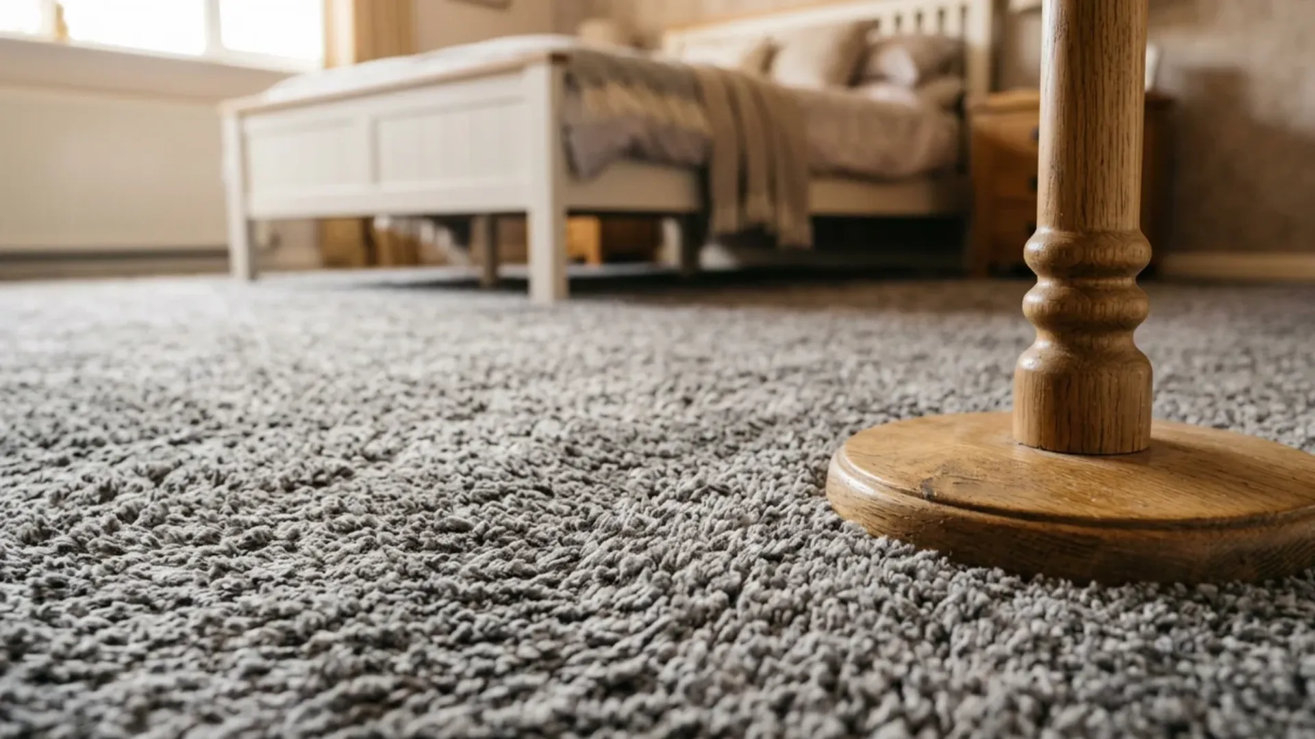 plush gray carpet flooring installed in a cozy bedroom near a wooden floor lamp base