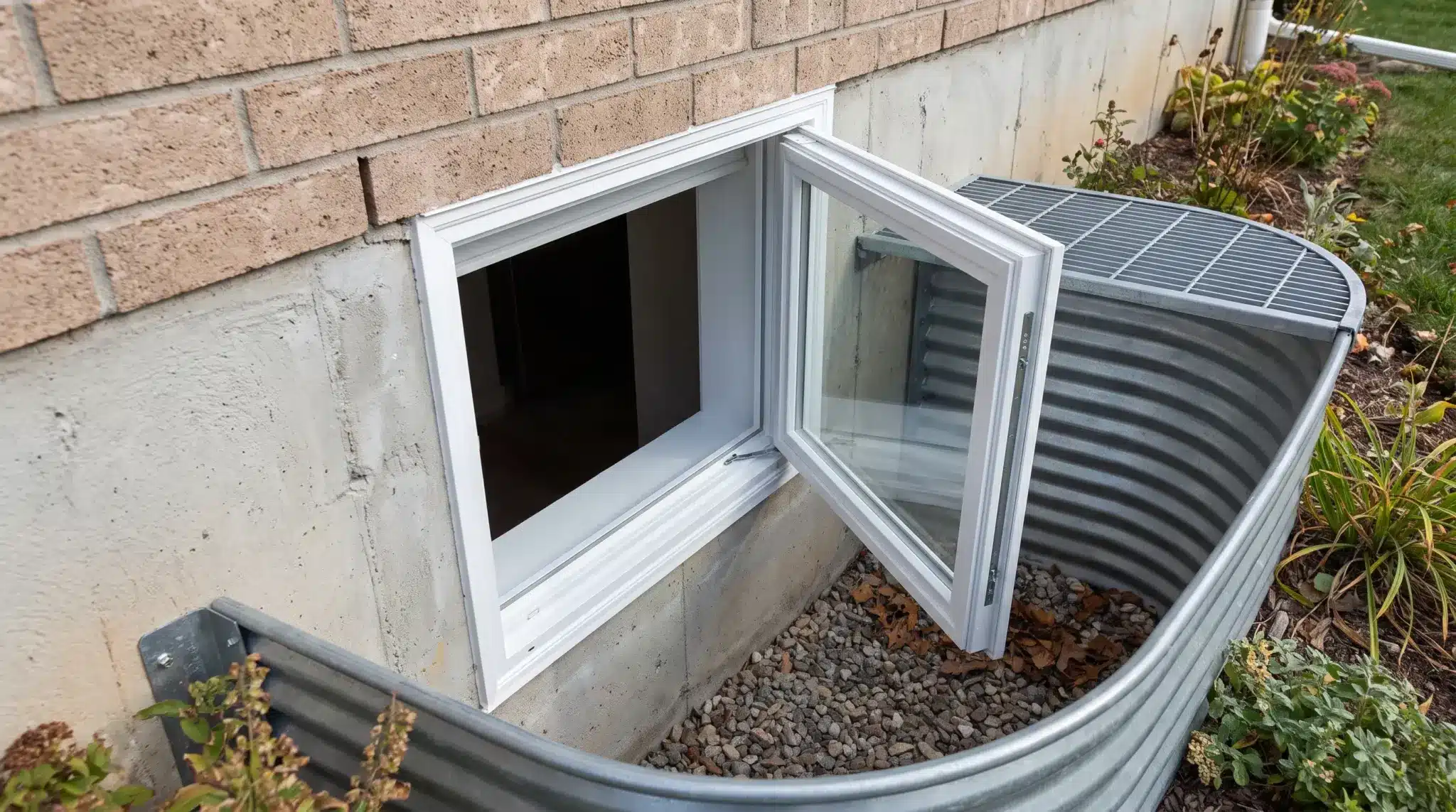 Open casement egress window showing outward swing and window well clearance