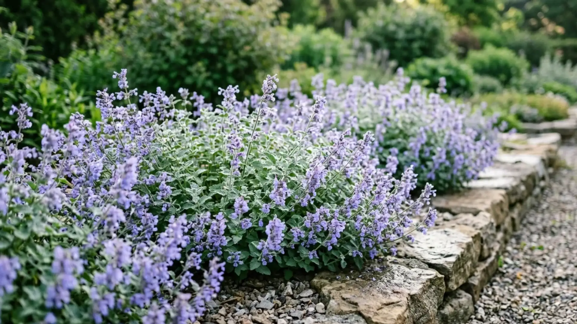 Catmint plant with blue-purple blooms spilling over a stone edge